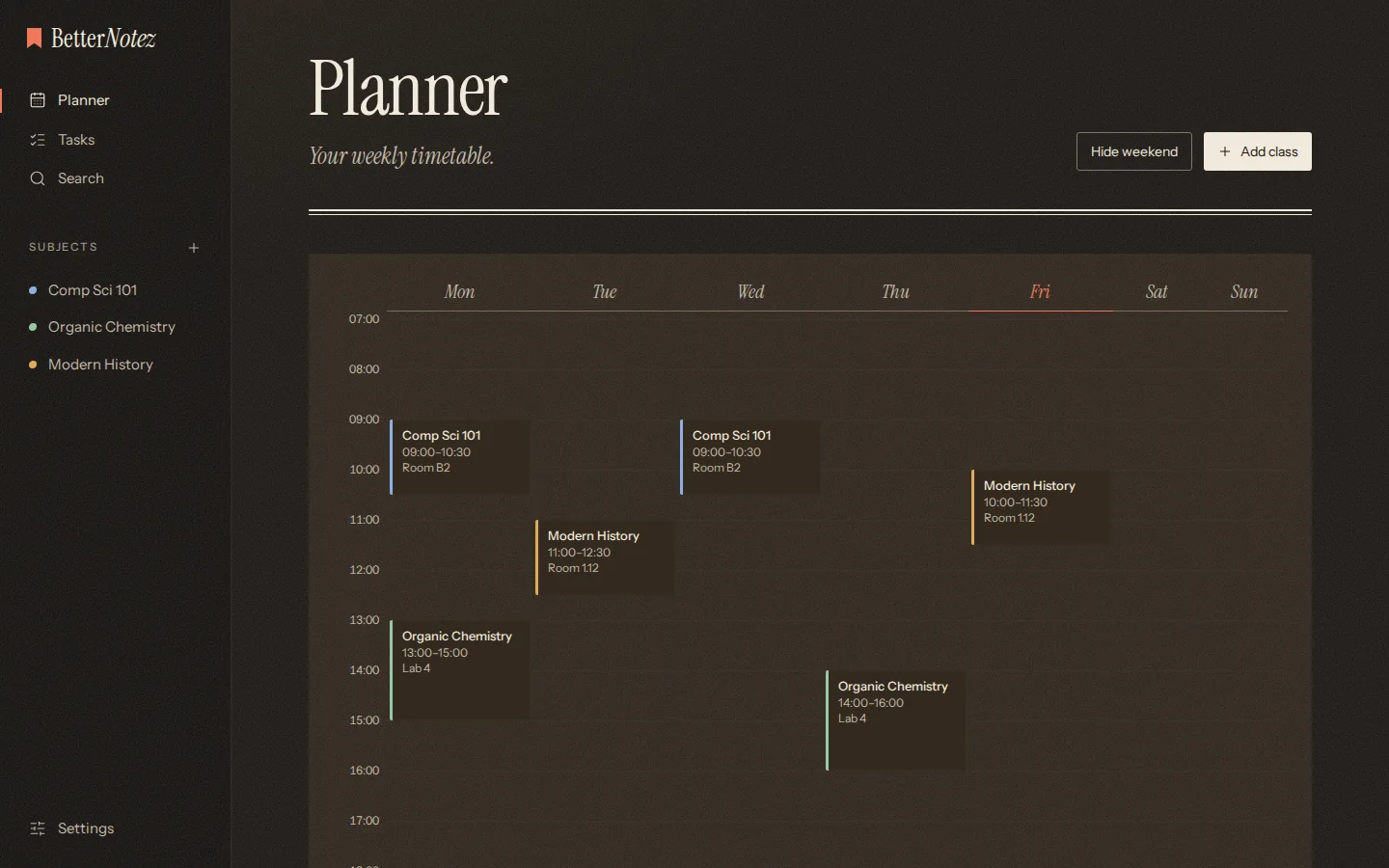 The weekly planner with classes placed by time