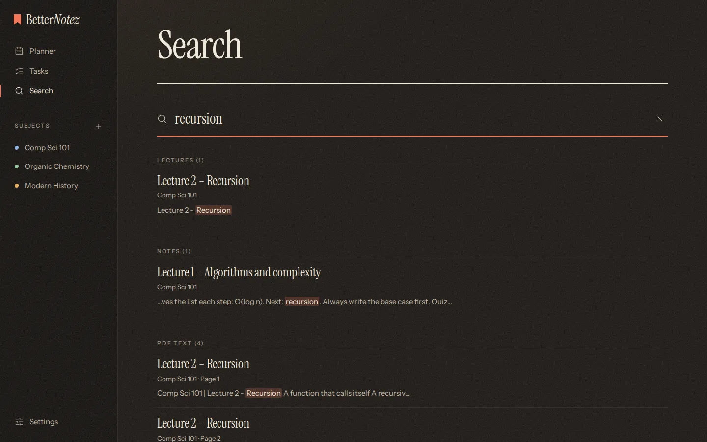 Search results across lecture text and notes
