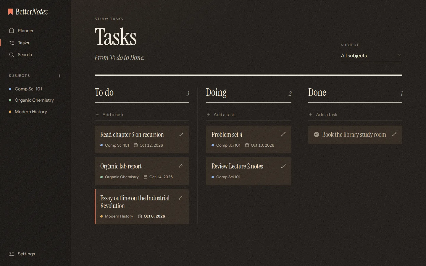 The task board with To do, Doing, and Done columns